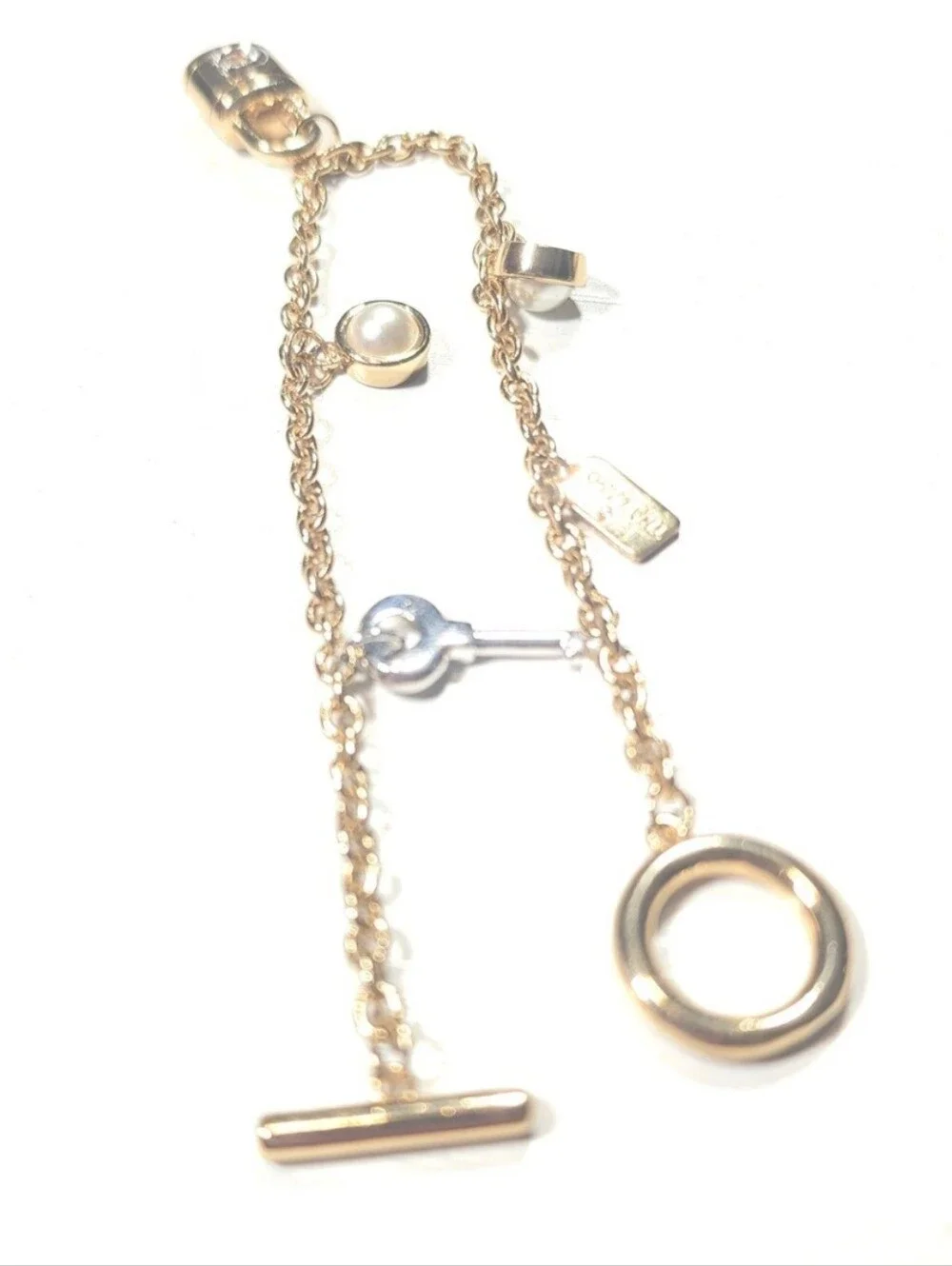 Coach Signature Padlock & Key Pearl Charm Bracelet Gold Silver Toggle Clasp